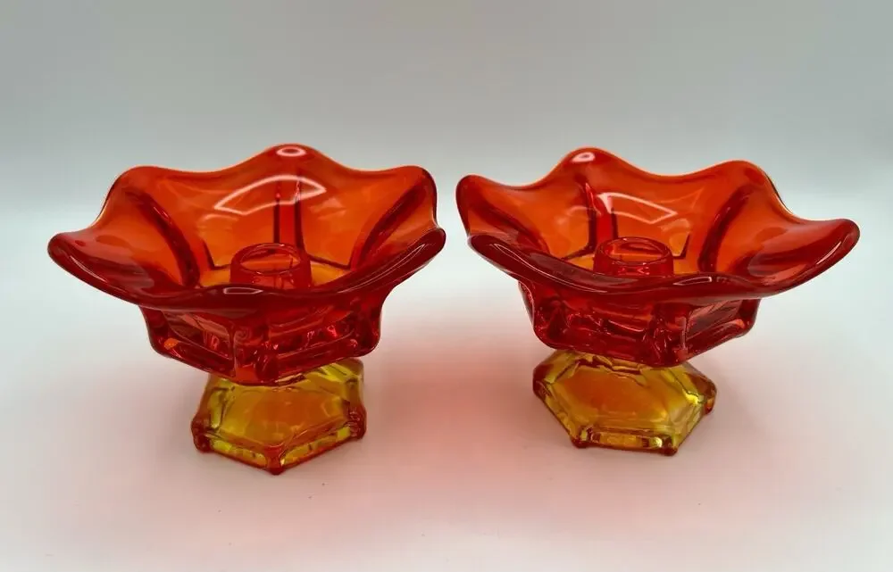 Viking Glass Epic Six Petal Amberina Flame Pedestal Candle Holder 3.25” Pair MCM